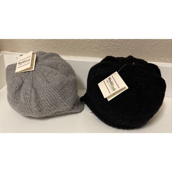 Ladies Fair Trade Handmade Nepal 100% Wool Beanie Hat Cap Set Of 2 Black Gray - Picture 3 of 9